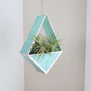 Seafoam Green Hanging Geometric Stained Glass Air Plant Holder | Modern Home Decor | Handcrafted Glass Terrarium | Stained Glass Diamond