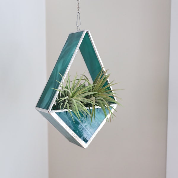 Emerald Green Hanging Geometric Stained Glass Air Plant Holder | Modern Home Decor | Handcrafted Glass Terrarium | Stained Glass Diamond