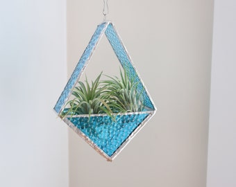 Light Blue Hanging Geometric Stained Glass Air Plant Holder | Modern Home Decor | Handcrafted Glass Terrarium | Stained Glass Diamond Shape