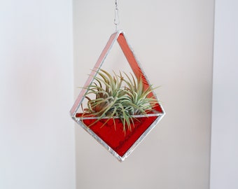 Red Hanging Geometric Stained Glass Air Plant Holder | Modern Home Decor | Handcrafted Glass Terrarium | Stained Glass Diamond Shape