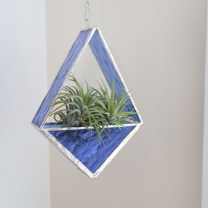 Blue Hanging Geometric Stained Glass Air Plant Holder | Modern Home Decor | Handcrafted Glass Terrarium | Stained Glass Diamond Shape