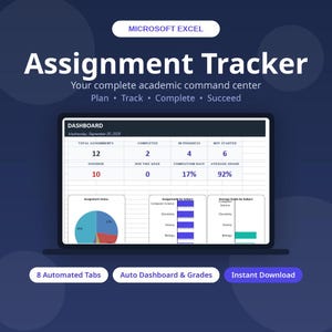 Assignment Tracker Excel Spreadsheet | Student Homework Planner, Grade Tracker, Calendar & Weekly Planner