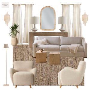 Puede incluir: Un tablero de inspiración para el diseño de interiores de una sala de estar que presenta un sofá beige, dos sillones de bouclé crema, una mesa consola de madera, un espejo arqueado, dos lámparas de mesa, una alfombra marrón texturizada, cortinas blancas, una lámpara de pie y una planta.