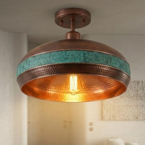 Blue Green Copper Saucer Flush Mount Ceiling Light Handmade Moroccan Lamp