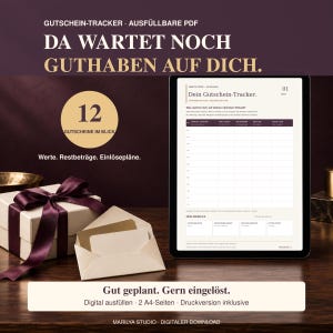 May include: A digital voucher tracker displayed on a tablet screen, featuring a table for tracking gift card values, balances, and redemption plans. The screen displays the text 'Dein Gutschein-Tracker' and '01'. A gift box with a dark ribbon sits nearby.