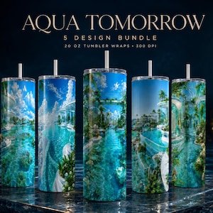 Könnte beinhalten: Fünf 20 oz Becher mit Strohhalmen, jeder mit einem Design namens AQUA TOMORROW 5 DESIGN BUNDLE 20 OZ TUMBLER WRAPS 300 DPI. Die Designs zeigen ein tropisches Resort mit türkisfarbenen Swimmingpools, üppigen grünen Palmen und blauem Himmel.