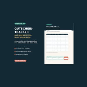 Puede incluir: Una plantilla digital de seguimiento de vales en formato PDF con fondo oscuro y texto en blanco. El documento incluye una tabla para registrar los detalles de las tarjetas de regalo, saldos y fechas de caducidad, con secciones para notas y resumen.