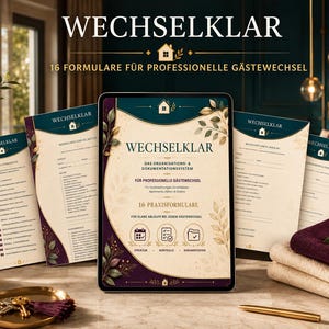 Könnte beinhalten: Ein digitales Tablet mit dem Dokumententitel WECHSELKLAR, umgeben von vier gedruckten Formularen mit demselben Titel. Die Dokumente zeigen ein dunkelblaugrünes und cremefarbenes Design mit goldenen Akzenten, Haus-Symbolen und Checklisten.