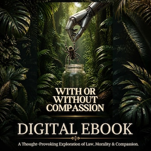 May include: A digital ebook cover titled With Or Without Compassion featuring a metallic robotic hand lowering a brown and black spider into a clear glass jar, set against a dense green jungle background with the subtitle A Thought-Provoking Exploration of Law, Morality & Compassion.