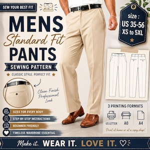 Könnte beinhalten: Ein Schnittmuster für eine Hose mit Standardpassform in Beige, mit Text wie MENS Standard Fit PANTS, Größe US 35-56 XS bis 5XL und 3 Druckformate US Letter, A0, A4. Das Bild zeigt eine technische Strichzeichnung der Hose und eine Nahaufnahme der Gesäßtasche.