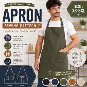 Könnte beinhalten: Eine olivgrüne Schürze mit zwei Vordertaschen, getragen über einem weißen T-Shirt. Das Bild enthält den Text: PROFESSIONAL LOOK APRON SEWING PATTERN, SIZE: XS-3XL, EASY TO SEW, PRACTICAL DESIGN, UNISEX FIT, HANDMADE und Make it. Wear it. Love it.