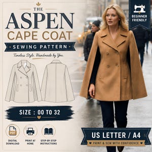 Könnte beinhalten: The Aspen Cape Coat Schnittmuster für die Größen 00 bis 32. Dieser digitale Download enthält eine Schritt-für-Schritt-Anleitung für einen zweireihigen, kamelfarbenen Cape-Mantel mit Reverskragen, dargestellt als technische Zeichnung und Foto.