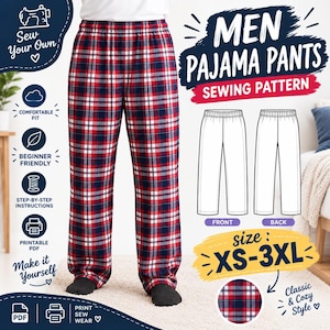 Può includere: Un cartamodello per pantaloni da pigiama in tessuto a quadri rosso, bianco e blu navy. L'immagine mostra i pantaloni indossati, un disegno tecnico delle viste anteriore e posteriore e il testo che indica le taglie XS-3XL e PDF stampabile.