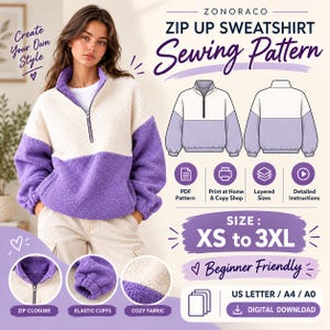 May include: A digital sewing pattern for a color-blocked zip-up sweatshirt by ZONORACO. The design features a cream and purple fleece texture with a high collar, zip closure, and elastic cuffs. Includes sizing from XS to 3XL, PDF format, and instructions.