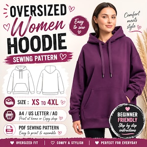 Può includere: Un cartamodello digitale per una felpa oversize con cappuccio, raffigurante una felpa viola scuro con tasca a marsupio e lacci coordinati. L'immagine include disegni tecnici, taglie dalla XS alla 4XL e indicazioni per il formato PDF e la stampa in A4, US Letter e A0.