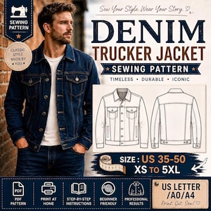May include: A sewing pattern for a denim trucker jacket featuring a dark blue denim jacket, technical line drawings of the front and back, and text including "DENIM TRUCKER JACKET," "SIZE: US 35-50," "XS TO 5XL," and "US LETTER/A0/A4" with a measuring tape graphic.