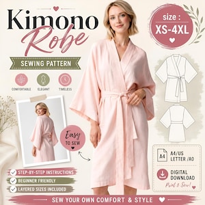 Può includere: Un cartamodello digitale per una vestaglia kimono rosa chiaro con maniche larghe e cintura. L'immagine include il testo: Kimono Robe, Sewing Pattern, size XS-4XL, Easy to Sew, Step-by-step instructions, Beginner friendly, A4/US Letter/A0, Digital Download.