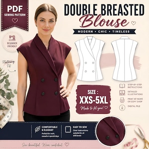 Puede incluir: Un patrón de costura en PDF para una blusa de doble botonadura, que presenta un top sin mangas en color burdeos profundo con un cuello ancho y cuatro botones negros. El gráfico incluye dibujos técnicos de línea del frente y la espalda, el rango de tallas XXS-5XL e iconos para instrucciones paso a paso, ilustraciones detalladas y opciones de impresión de archivos digitales.