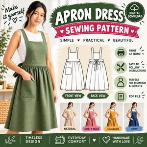 May include: A digital sewing pattern for an apron dress, featuring a white tank top and a solid olive green apron dress with a square neckline and a patch pocket. The graphic includes front and back technical sketches, text labels, and four color variations: natural, dusty rose, mustard, and navy.