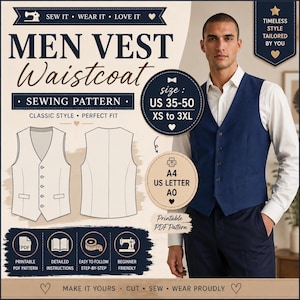 May include: A sewing pattern for a vest waistcoat featuring a navy blue vest worn over a white shirt. The graphic includes technical line drawings of the front and back of the vest, text indicating sizes US 35-50 and XS to 3XL, and A4, US Letter, and A0 format labels.