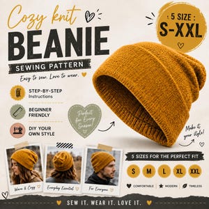 Puede incluir: Un patrón de costura para un gorro de punto color amarillo mostaza. La imagen muestra el texto Cozy knit BEANIE SEWING PATTERN, 5 SIZE: S-XXL y 5 SIZES FOR THE PERFECT FIT. Incluye tres fotos del gorro puesto e iconos de instrucciones.