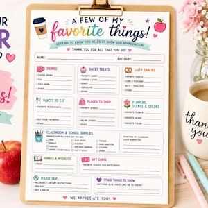 Teacher Favorites Questionnaire Printable | Teacher Appreciation Gifts | Back to School Gift Survey (Digital Download)