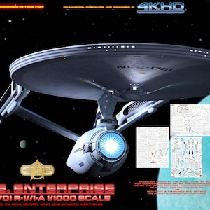 May include: A digital illustration of the U.S.S. Enterprise NCC-1701 starship in space, featuring a large saucer section, a glowing blue deflector dish, and two warp nacelles. The image includes text labels, technical diagrams, and a logo.
