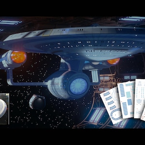 May include: A Star Trek U.S.S. Enterprise NCC-1701-C model kit set featuring three distinct box designs, a large central graphic of the starship, and several sheets of blue and white adhesive decals for detailed assembly and customization.