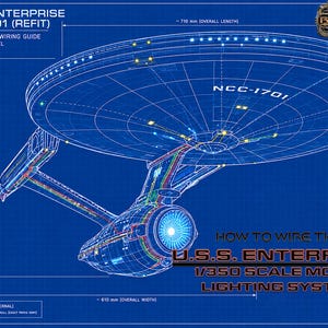 May include: A blue technical blueprint of the U.S.S. Enterprise NCC-1701 Refit 1/350 scale model. The diagram displays LED lighting and wiring routes with dimensions of 710 mm length, 420 mm height, and 610 mm width. Text includes U.S.S. Enterprise NCC-1701 (Refit) LED Lighting & Wiring Guide.