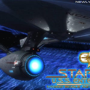 May include: A detailed model of the U.S.S. Enterprise starship featuring a saucer section with NCC-1701 markings and a glowing blue engine nacelle. The image includes text reading 4KHD, NEWLY ENHANCED AND DETAILED, STAR TREK U.S.S. ENTERPRISE REFIT, and RED PHOENIX.