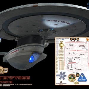 May include: A 1/1000 scale model of the U.S.S. Enterprise NCC-1701-B starship featuring a saucer section, two warp nacelles, and a deflector dish. Included is a rectangular decal sheet with various markings, registry numbers, and emblems.