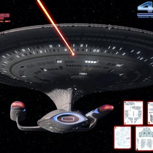 May include: A U.S.S. Enterprise NCC-1701-D model kit decal set featuring a dark gray starship with a red phaser beam, the text U.S.S. ENTERPRISE NCC-1701-D SCALE 1/1400, 4KHD, and RED PHOENIX, alongside eight sheets of detailed hull decals.