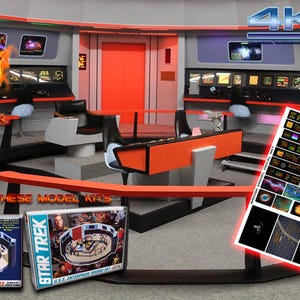 Może przedstawiać: Cyfrowa grafika przedstawiająca zestaw modelarski mostka U.S.S. Enterprise z serii Star Trek. Obraz zawiera dwa pudełka z produktami, arkusz małych naklejek na ekrany oraz logo Red Phoenix. Tekst głosi 4KHD oraz MADE FOR THESE MODEL KITS.