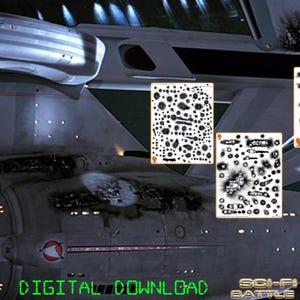 May include: A digital download set featuring three sheets of black and white sci-fi battle damage decals. The graphics include various scorch marks, hull breaches, and impact patterns designed for model starships, labeled as SCI-FI ULTIMATE BATTLE DAMAGE SET.
