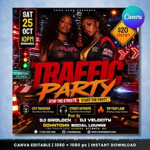 Op de afbeelding: Een digitale evenementenflyer voor een Traffic Party met twee personen in een stedelijke omgeving bij nacht. De tekst bevat evenementdetails zoals Sat 25 Oct 10PM, Downtown Atlanta, DJ Gridlock x DJ Velocity en Downtown Social Lounge.