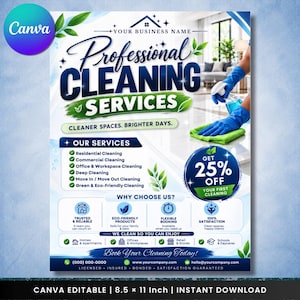 May include: A professional cleaning services flyer featuring blue and green text, a list of services, a 25% off badge, and an illustration of blue gloved hands using a spray bottle and green cloth to clean a white surface, with contact details.