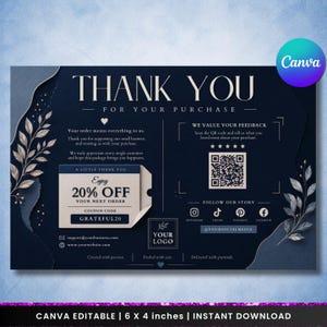 Pode incluir: Um cartão de agradecimento azul-escuro por uma compra com ilustrações de folhas douradas, um cupão de 20% de desconto código GRATEFUL20, um código QR, ícones de redes sociais e espaço para um logótipo. Mede 15,24 por 10,16 cm.