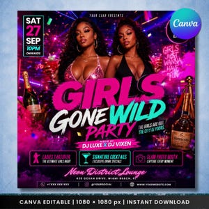 Op de afbeelding: Een digitale evenementflyer voor een Girls Gone Wild Party in Neon District Lounge op zaterdag 27 september vanaf 22:00 uur. De afbeelding toont twee vrouwen, cocktailglazen, champagneflessen en tekst over DJ Luxe en DJ Vixen.