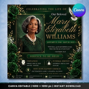 Emerald Green Funeral Flyer Canva Template, Celebration of Life Invitation, Memorial Service Announcement, Gold Rose Obituary Download