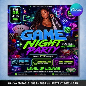 Könnte beinhalten: Ein digitaler Veranstaltungsflyer für eine Game Night Party in der Level Up Lounge. Die Grafik zeigt eine Person mit langem dunklem Haar, Spielkarten, Pokerchips, einen grünen Würfel und Arcade-Elemente. Text enthält Datum und Ort.