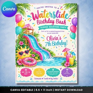 May include: A colorful birthday party invitation featuring a waterslide, swimming pool, balloons, and a smiling sun wearing heart-shaped sunglasses. The text reads Waterslide Birthday Bash, Summer Backyard Party, Olivia's 7th Birthday, and includes event details for July 26, 2027.