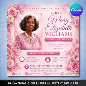 May include: A pink funeral program template featuring a portrait of an older woman wearing a pearl necklace. The text reads Celebrating the Life of Our Beloved Mary Elizabeth Williams, January 15, 1948 – May 20, 2025, and includes service details.