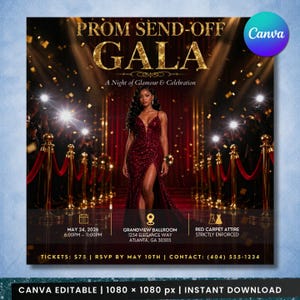 Könnte beinhalten: Ein digitaler Veranstaltungsflyer für eine Abschlussball-Gala mit einer Person in einem roten Paillettenkleid auf einem roten Teppich. Text: PROM SEND-OFF GALA, A Night of Glamour & Celebration, 24. Mai 2026, 18:00-23:00 Uhr, Grandview Ballroom, 1234 Elegance Way, Atlanta.