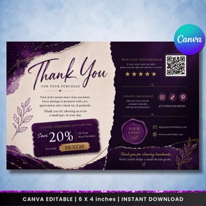 May include: A rectangular thank you card featuring a dark purple watercolor background with gold accents and a torn paper effect. The card includes text, a QR code, five stars, social media icons, a 20% discount coupon, and a wax seal graphic.