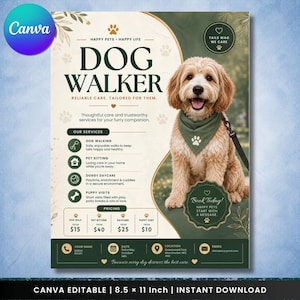 Peut inclure: Un modèle de flyer pour promeneur de chiens avec un chien doré portant un bandana vert. Le texte inclut DOG WALKER, HAPPY PETS HAPPY LIFE, OUR SERVICES et des tarifs à partir de 15 $. Le design présente des tons crème et vert foncé.