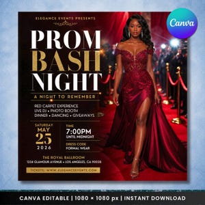 Peut inclure: Un flyer numérique pour la soirée Prom Bash Night le 25 mai 2026 à 19h00 au Royal Ballroom. Le design présente une personne portant une robe rouge foncé à épaules dénudées avec une fente haute, debout sur un tapis rouge avec des poteaux dorés.