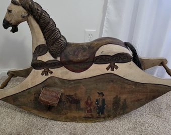 1870s Swedish Folk Art Rocking Horse, Original Surface Antique Wooden, Museum Quality Scandinavian Fine Art, Glass Eyes and Horse Hair