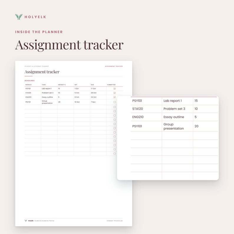 Student Planner Printable in 6 Colors, College Assignment & Exam ...