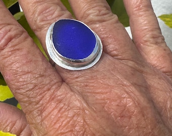 Cobalt Blue Seaglass Ring: Sterling Silver Bezel, Size 7.25