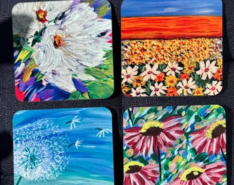Floral Collection: Hand Painted and Printed Coasters- Set of 4 Mixed Design